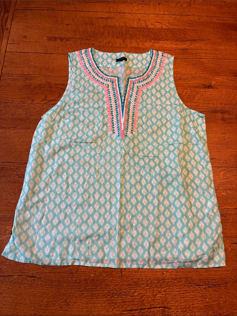 Talbots Aqua Sleeveless Tunic with Pink & Navy Embroidery